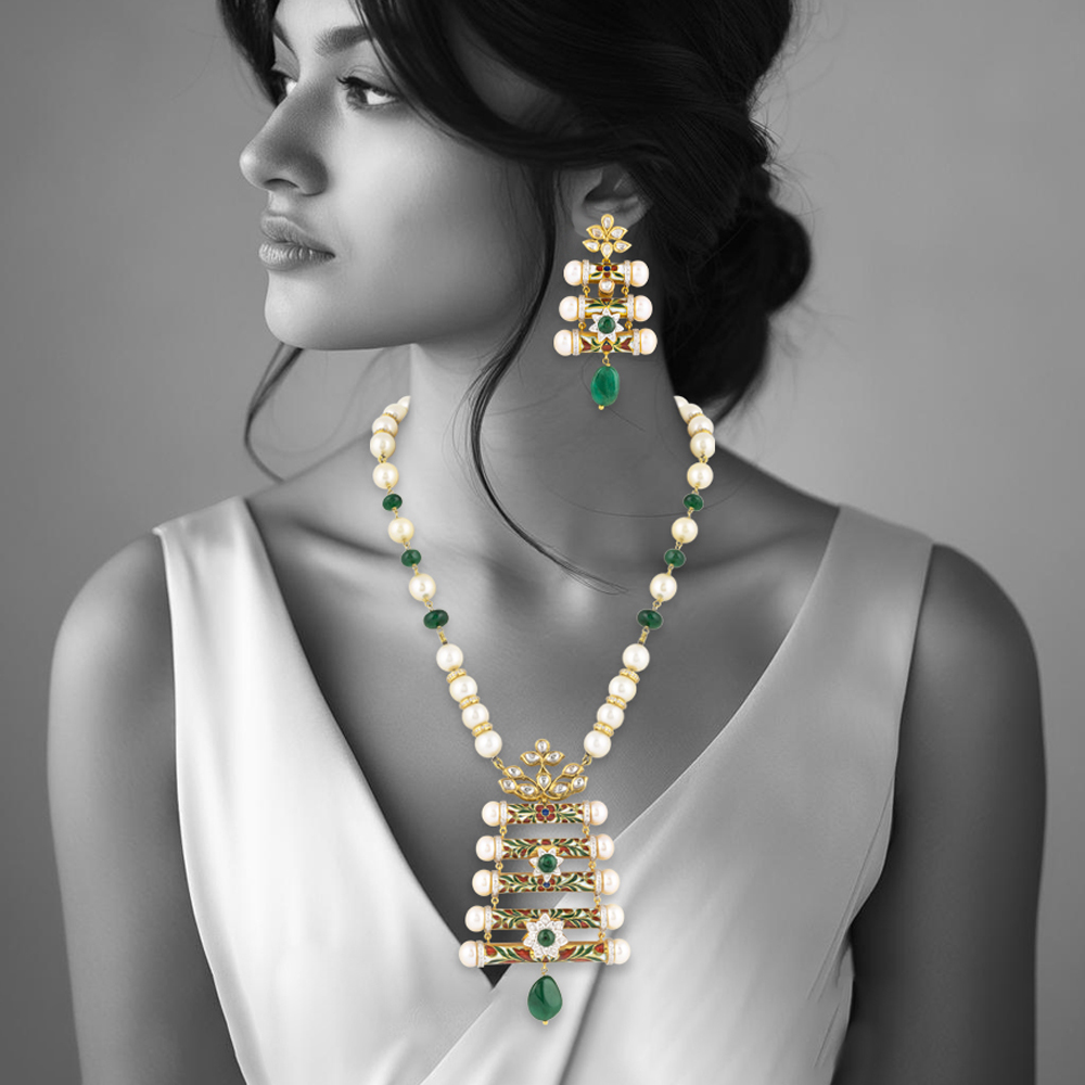 Floral Enamel Pendant Set with Pearls & Emerald Drops